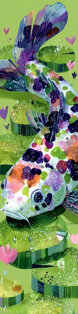 Free printable fish bookmark featuring artistic fish in green